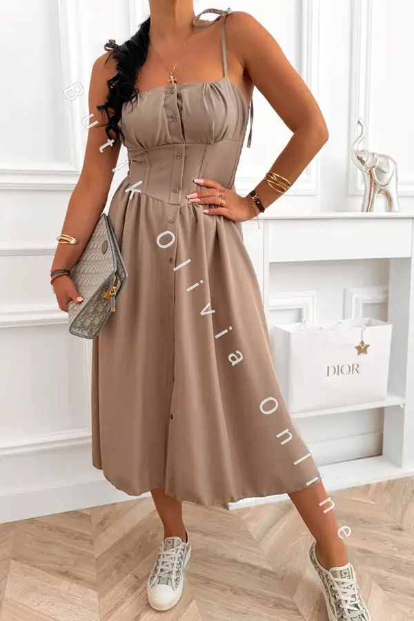 Midi-Kleid mit Trägern und Knöpfen w kolorze Fango