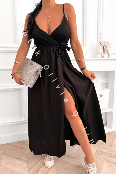 Abendkleid Maxi mit Spaghettiträgern und Beinschlitz  Schwarz