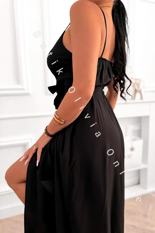 Abendkleid Maxi mit Spaghettiträgern und Beinschlitz  Schwarz