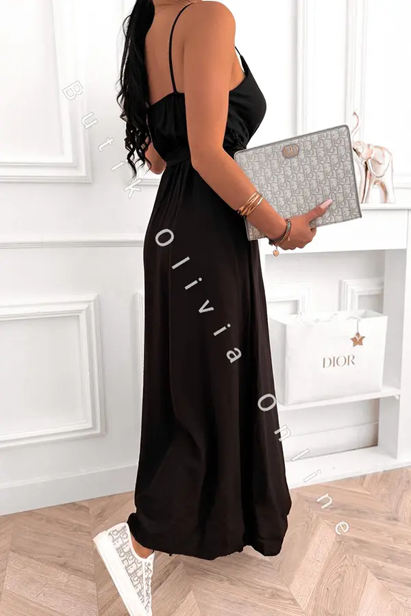 Abendkleid Maxi mit Spaghettiträgern und Beinschlitz  Schwarz