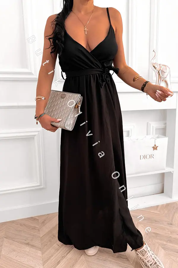 Abendkleid Maxi mit Spaghettiträgern und Beinschlitz  Schwarz