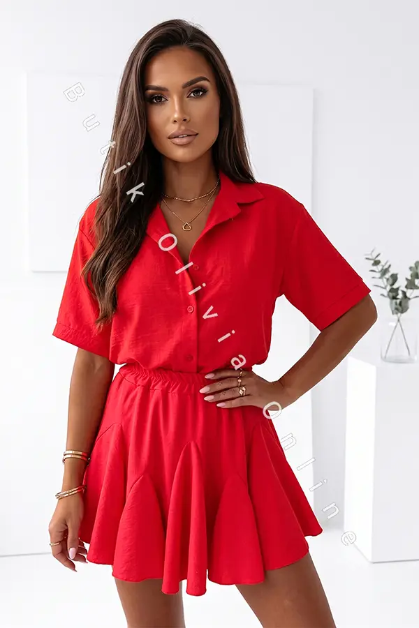 Rotes Sommer-Set – lockeres Oversize-Hemd mit Kurzarm und Skort