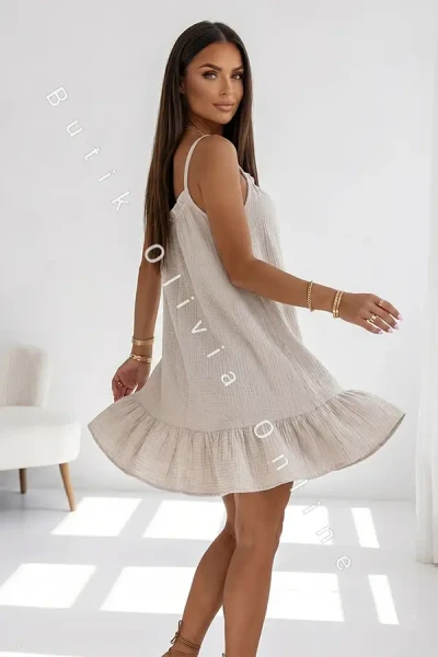 Beiges Musselin-Minikleid in A-Linie mit dünnen Trägern