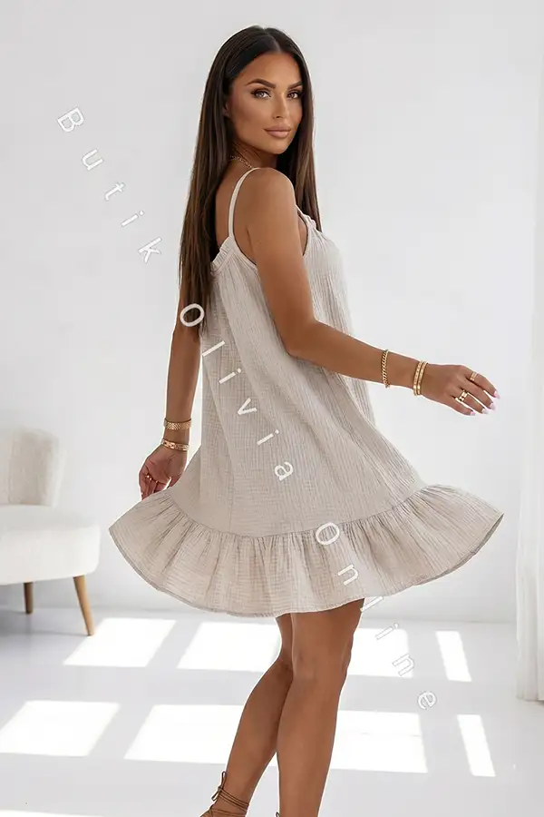 Beiges Musselin-Minikleid in A-Linie mit dünnen Trägern