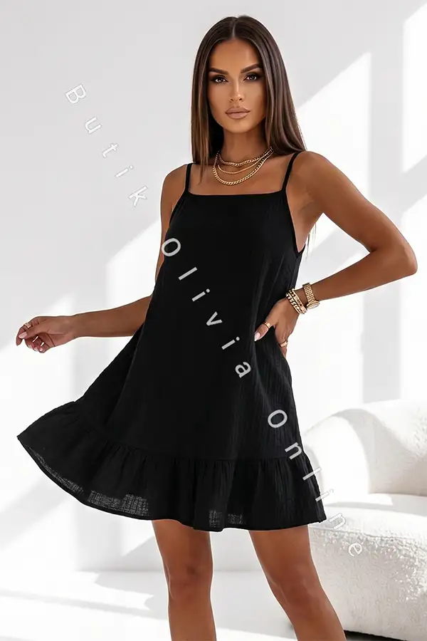 Schwarzes Musselin-Minikleid in A-Linie mit dünnen Trägern