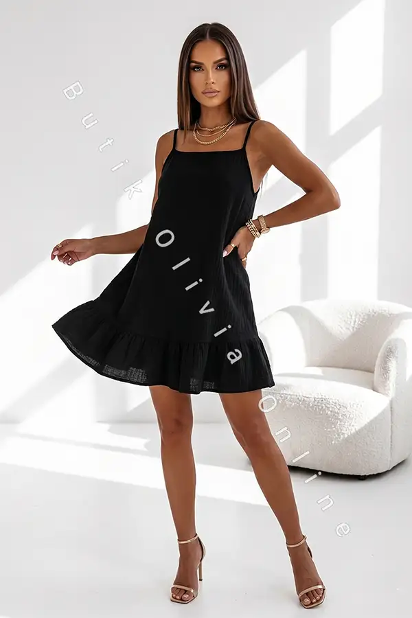 Schwarzes Musselin-Minikleid in A-Linie mit dünnen Trägern