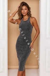 Dekatiertes Rippstrick-Midi-Kleid LOOX mit Trägern – Graphit