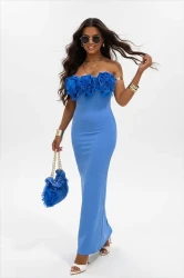 Elegantes geripptes Schlauchkleid mit Tasche ROSE - Kornblumenblau