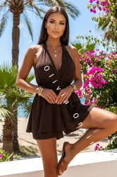 Neckholder-Jumpsuit mit tiefem Ausschnitt OSTER – Schokobraun