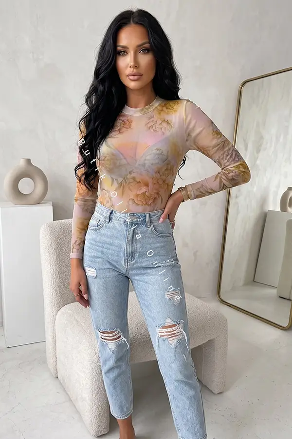 żółte transparentne body siatka w kwiaty